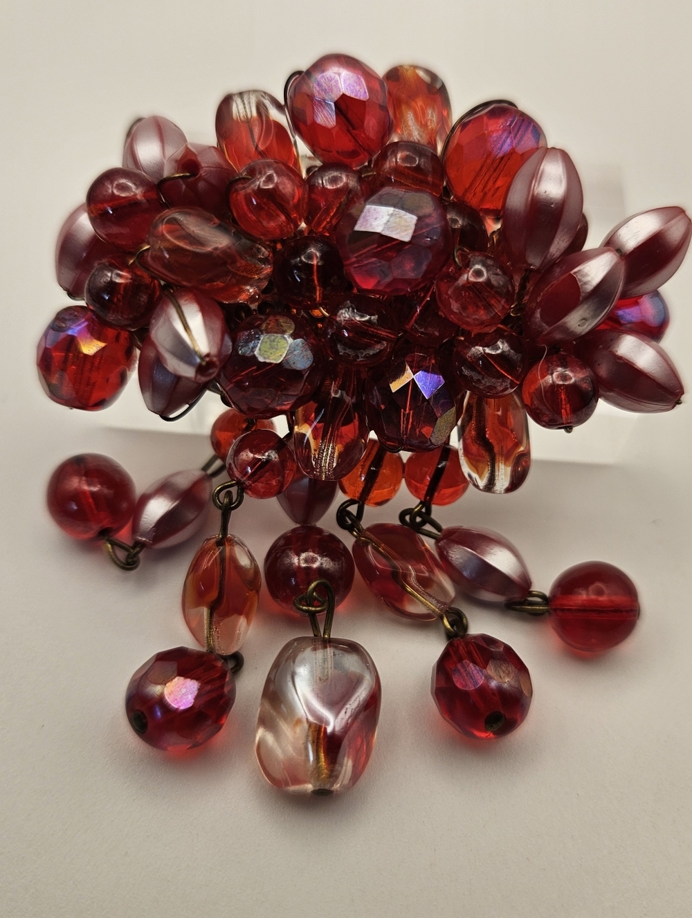 Vintage W. Germany Red Glass Bead Cluster Brooch Pin Dangle Waterfall AB Finish